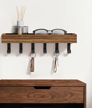 Rustieke houten sleutelhouder met opbergvak en 6 haken – Wandgemonteerde organizer voor hal, slaapkamer en kantoor