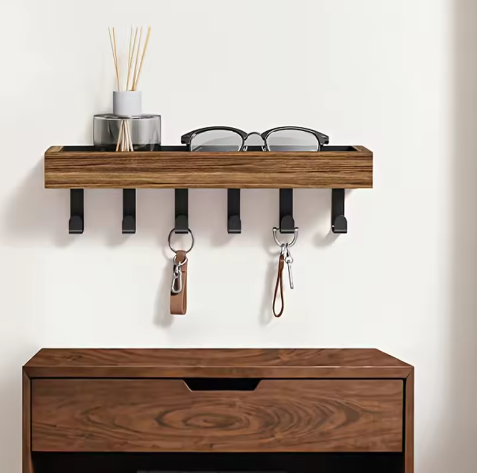 Rustieke houten sleutelhouder met opbergvak en 6 haken – Wandgemonteerde organizer voor hal, slaapkamer en kantoor