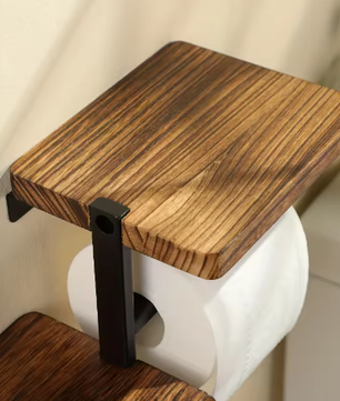 Houten Wandgemonteerde Toiletrolhouder met Metalen Beugel – Modern Badkameraccessoire