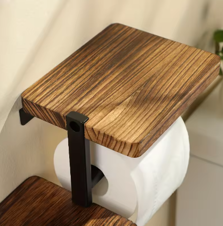 Houten Wandgemonteerde Toiletrolhouder met Metalen Beugel – Modern Badkameraccessoire