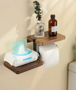 Houten Wandgemonteerde Toiletrolhouder met Metalen Beugel – Modern Badkameraccessoire