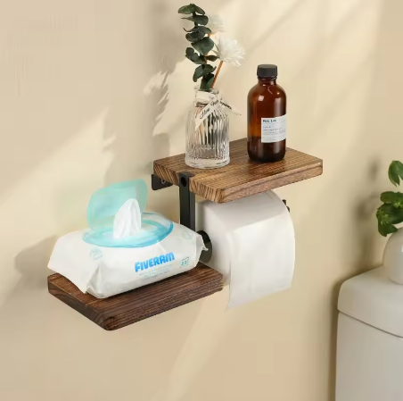 Houten Wandgemonteerde Toiletrolhouder met Metalen Beugel – Modern Badkameraccessoire