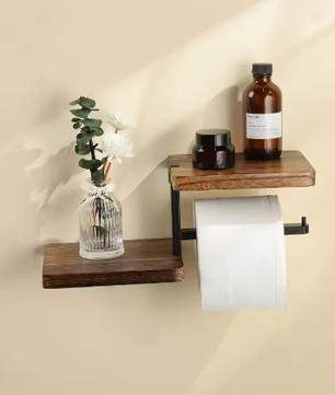 Houten Wandgemonteerde Toiletrolhouder met Metalen Beugel – Modern Badkameraccessoire