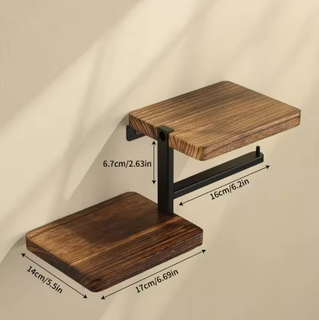 Houten Wandgemonteerde Toiletrolhouder met Metalen Beugel – Modern Badkameraccessoire