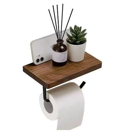 Toiletrolhouder met Walnoot Houten Plank en RVS Wandmontage