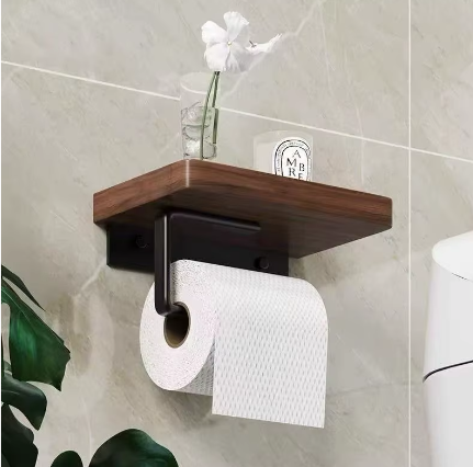 Toiletrolhouder met Walnoot Houten Plank en RVS Wandmontage