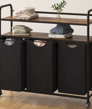 Wasmand met 3 Compartimenten en 2 Planken – 138L Wassorteerder met Uitschuifbare Waszakken en Wielen