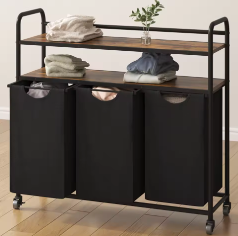 Wasmand met 3 Compartimenten en 2 Planken – 138L Wassorteerder met Uitschuifbare Waszakken en Wielen