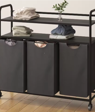 Wasmand met 3 Compartimenten en 2 Planken – 138L Wassorteerder met Uitschuifbare Waszakken en Wielen