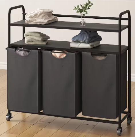 Wasmand met 3 Compartimenten en 2 Planken – 138L Wassorteerder met Uitschuifbare Waszakken en Wielen