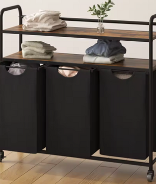 Wasmand met 3 Compartimenten en 2 Planken – 138L Wassorteerder met Uitschuifbare Waszakken en Wielen