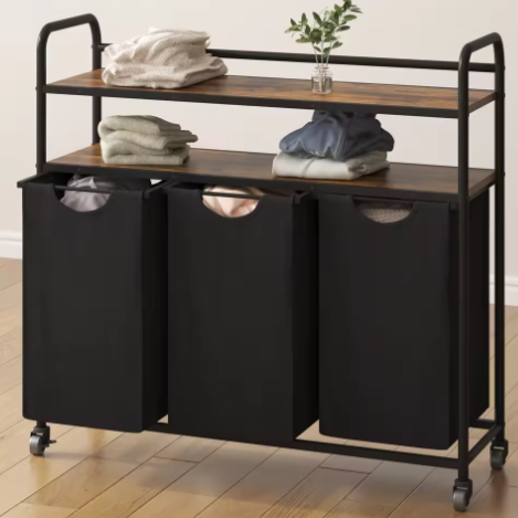 Wasmand met 3 Compartimenten en 2 Planken – 138L Wassorteerder met Uitschuifbare Waszakken en Wielen