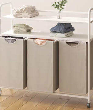 Wasmand met 3 Compartimenten en 2 Planken – 138L Wassorteerder met Uitschuifbare Waszakken en Wielen