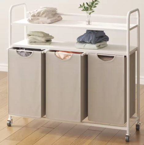 Wasmand met 3 Compartimenten en 2 Planken – 138L Wassorteerder met Uitschuifbare Waszakken en Wielen