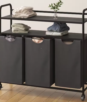 Wasmand met 3 Compartimenten en 2 Planken – 138L Wassorteerder met Uitschuifbare Waszakken en Wielen