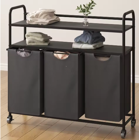 Wasmand met 3 Compartimenten en 2 Planken – 138L Wassorteerder met Uitschuifbare Waszakken en Wielen