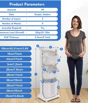 3-Laagse Wasmand met Wielen – Opbergorganisator voor Badkamer en Slaapkamer