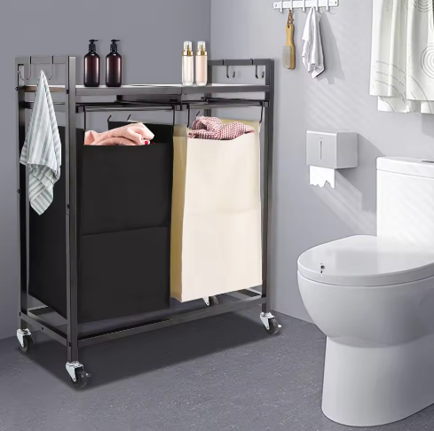 2-Delige Wasmand met Wielen en Bovenplank – Dubbel Compartiment