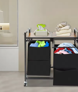 2-Delige Wasmand met Wielen en Bovenplank – Dubbel Compartiment