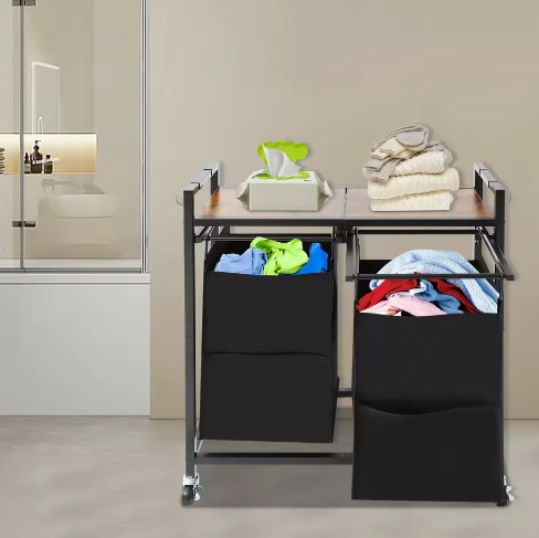 2-Delige Wasmand met Wielen en Bovenplank – Dubbel Compartiment