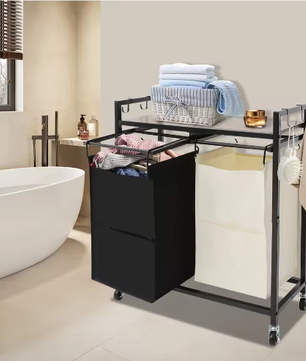 2-Delige Wasmand met Wielen en Bovenplank – Dubbel Compartiment