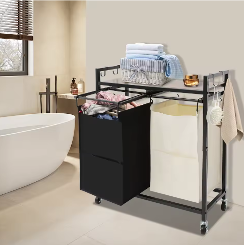 2-Delige Wasmand met Wielen en Bovenplank – Dubbel Compartiment