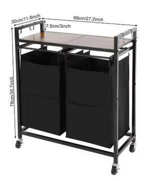 2-Delige Wasmand met Wielen en Bovenplank – Dubbel Compartiment