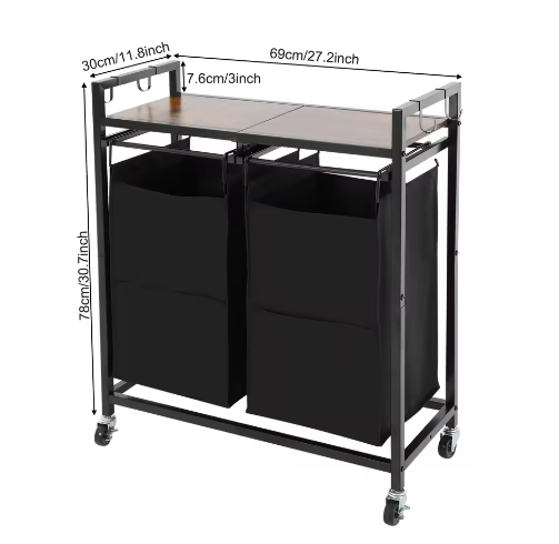 2-Delige Wasmand met Wielen en Bovenplank – Dubbel Compartiment