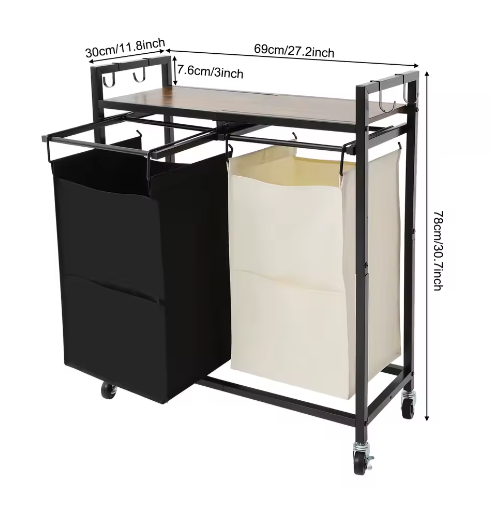 2-Delige Wasmand met Wielen en Bovenplank – Dubbel Compartiment