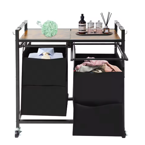 2-Delige Wasmand met Wielen en Bovenplank – Dubbel Compartiment