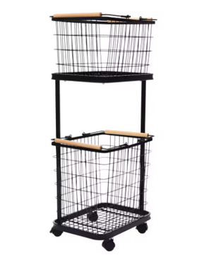 2-laags Metalen Wasmand met Wielen – Zwart, Verwijderbare Manden, Vloerstaand en Praktisch