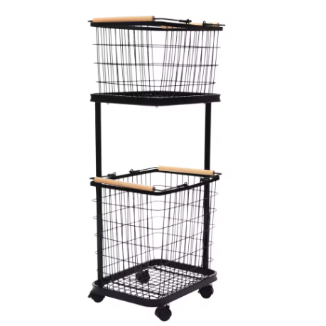 2-laags Metalen Wasmand met Wielen – Zwart, Verwijderbare Manden, Vloerstaand en Praktisch