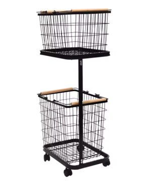 2-laags Metalen Wasmand met Wielen – Zwart, Verwijderbare Manden, Vloerstaand en Praktisch