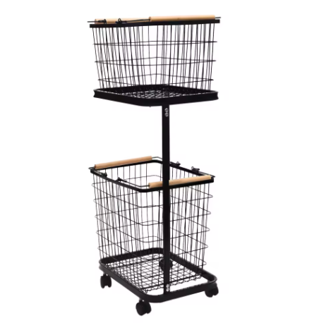 2-laags Metalen Wasmand met Wielen – Zwart, Verwijderbare Manden, Vloerstaand en Praktisch