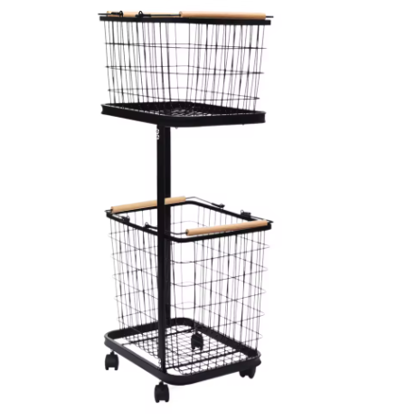 2-laags Metalen Wasmand met Wielen – Zwart, Verwijderbare Manden, Vloerstaand en Praktisch