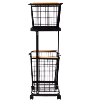 2-laags Metalen Wasmand met Wielen – Zwart, Verwijderbare Manden, Vloerstaand en Praktisch