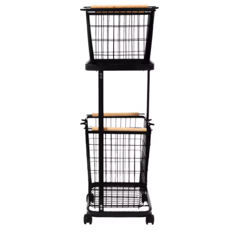 2-laags Metalen Wasmand met Wielen – Zwart, Verwijderbare Manden, Vloerstaand en Praktisch