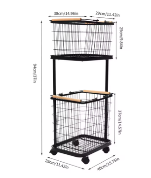 2-laags Metalen Wasmand met Wielen – Zwart, Verwijderbare Manden, Vloerstaand en Praktisch