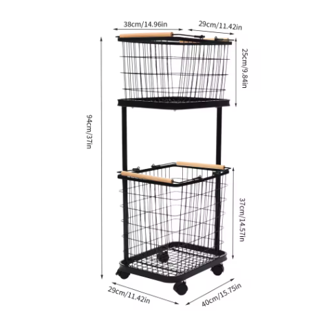 2-laags Metalen Wasmand met Wielen – Zwart, Verwijderbare Manden, Vloerstaand en Praktisch
