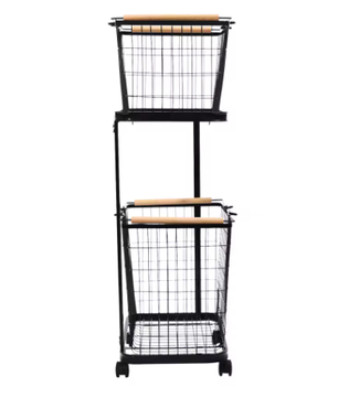 2-laags Metalen Wasmand met Wielen – Zwart, Verwijderbare Manden, Vloerstaand en Praktisch