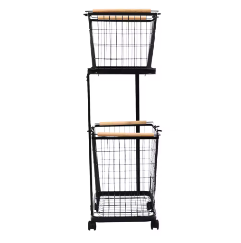 2-laags Metalen Wasmand met Wielen – Zwart, Verwijderbare Manden, Vloerstaand en Praktisch