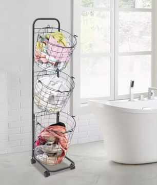 3-laags Metaaldraad Wasmand met Wielen – Zwart, Verwijderbare Manden, Vloerstaand