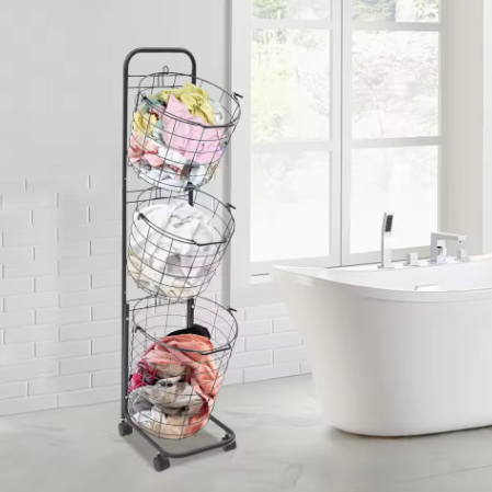3-laags Metaaldraad Wasmand met Wielen – Zwart, Verwijderbare Manden, Vloerstaand