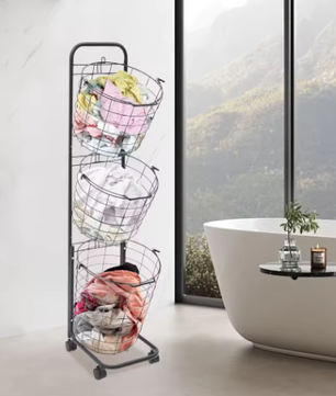 3-laags Metaaldraad Wasmand met Wielen – Zwart, Verwijderbare Manden, Vloerstaand