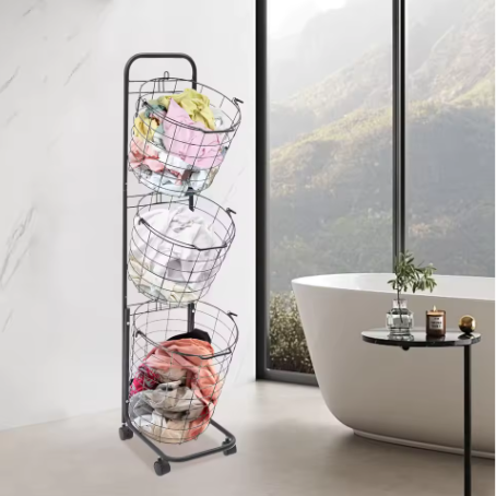 3-laags Metaaldraad Wasmand met Wielen – Zwart, Verwijderbare Manden, Vloerstaand