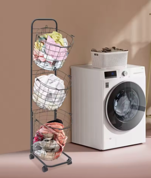 3-laags Metaaldraad Wasmand met Wielen – Zwart, Verwijderbare Manden, Vloerstaand