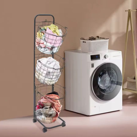 3-laags Metaaldraad Wasmand met Wielen – Zwart, Verwijderbare Manden, Vloerstaand