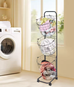3-laags Metaaldraad Wasmand met Wielen – Zwart, Verwijderbare Manden, Vloerstaand