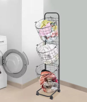 3-laags Metaaldraad Wasmand met Wielen – Zwart, Verwijderbare Manden, Vloerstaand