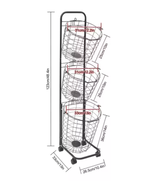 3-laags Metaaldraad Wasmand met Wielen – Zwart, Verwijderbare Manden, Vloerstaand